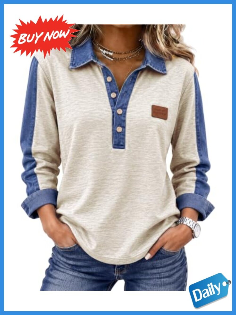 Women's Oversized Button Collar Pullover Sweatshirt Long Sleeve Loose Fit Top
